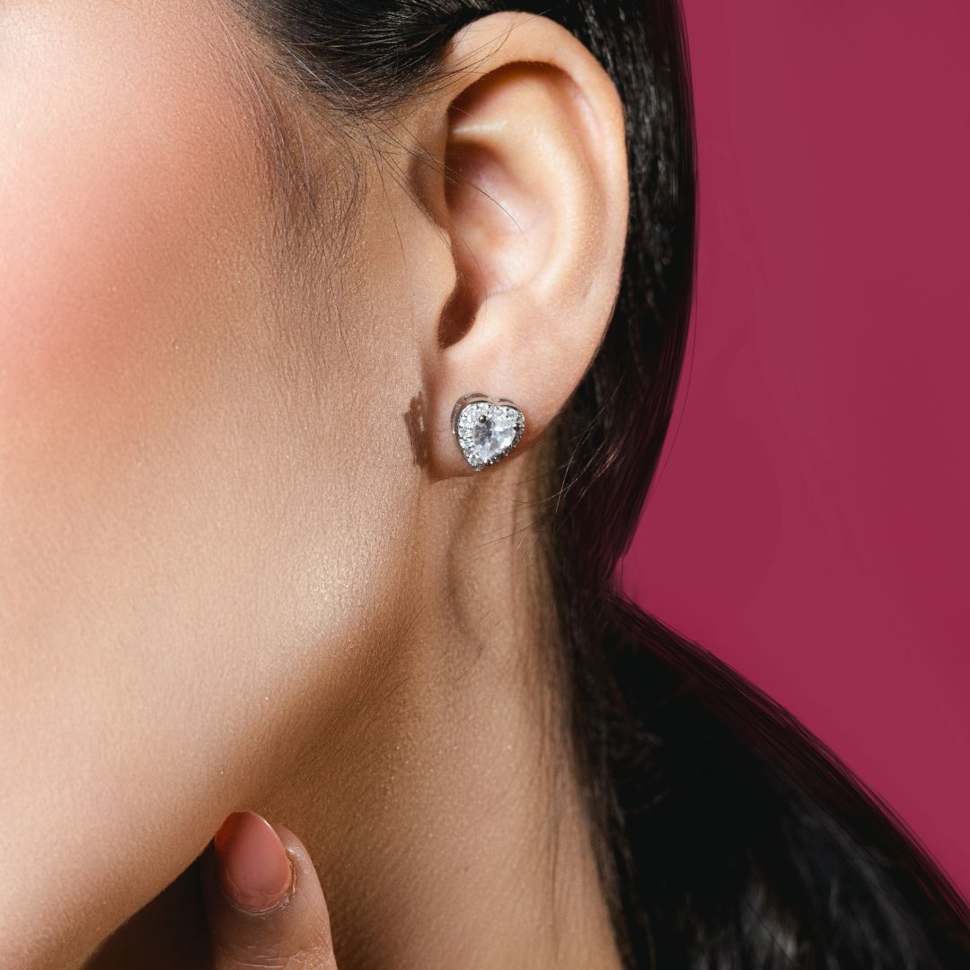 Romantic Heart Stud Earring 92.5 Sterling Silver with CZ Stones