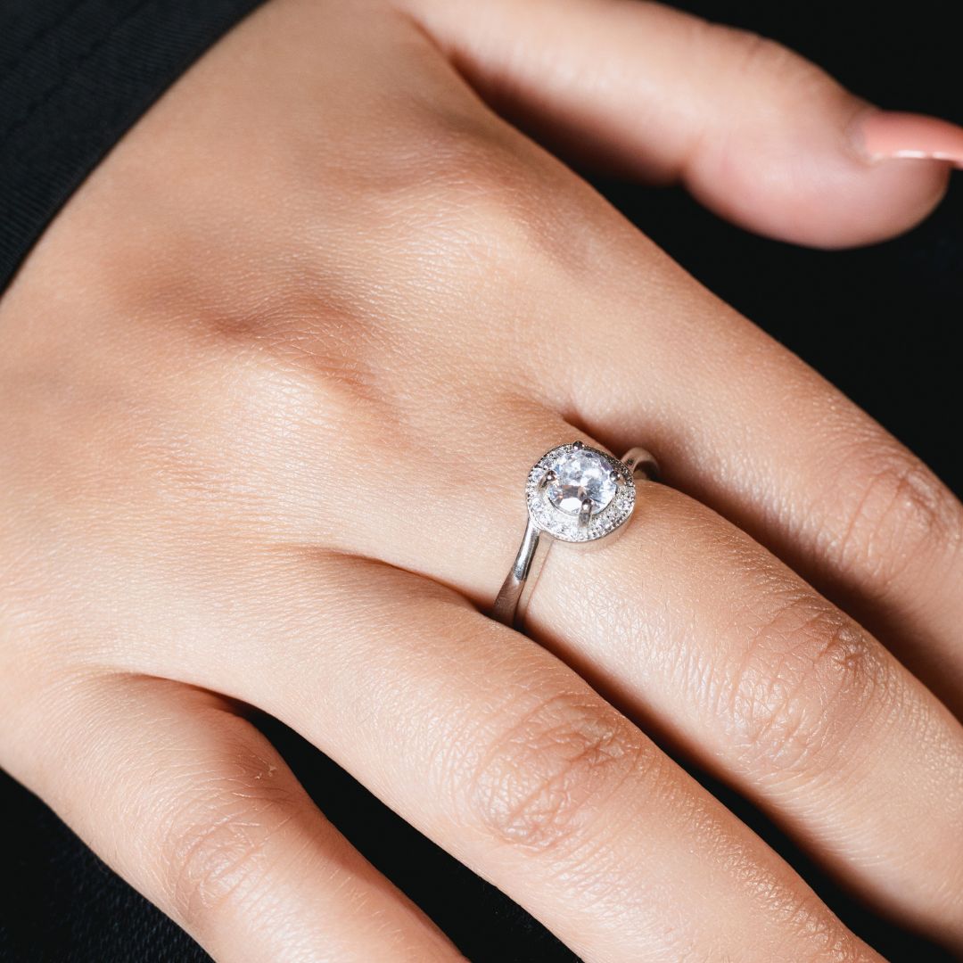 Round Halo Solitaire Ring 92.5 Sterling Silver with CZ Stones