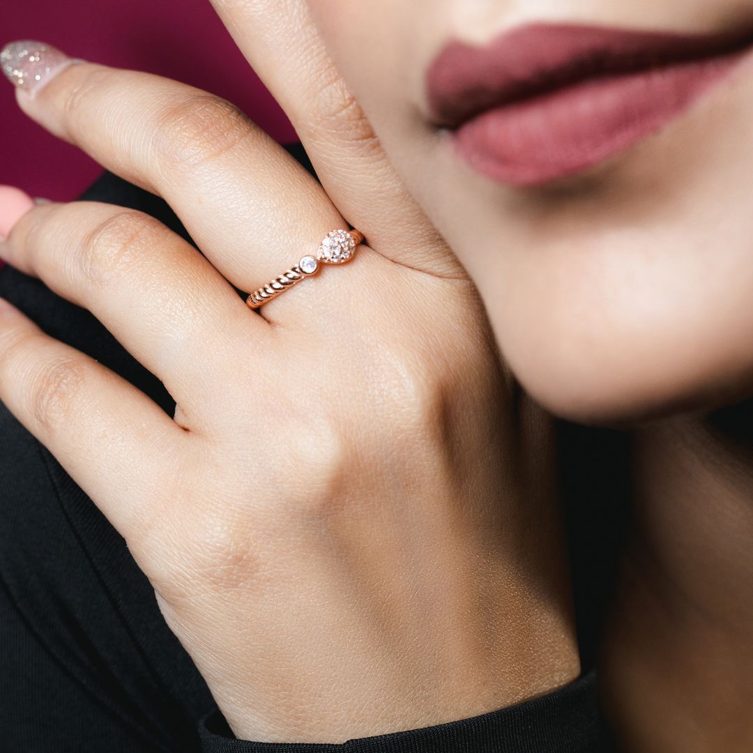 Panicle Rose Gold Rope Ring 92.5 Pure Silver with CZ Stones