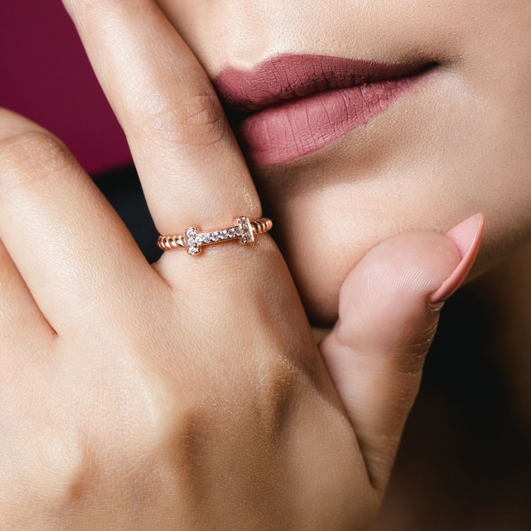 Minimalistic Rope Rose Gold Ring 92.5 Sterling Silver with CZ Stones and Rose Gold Polish