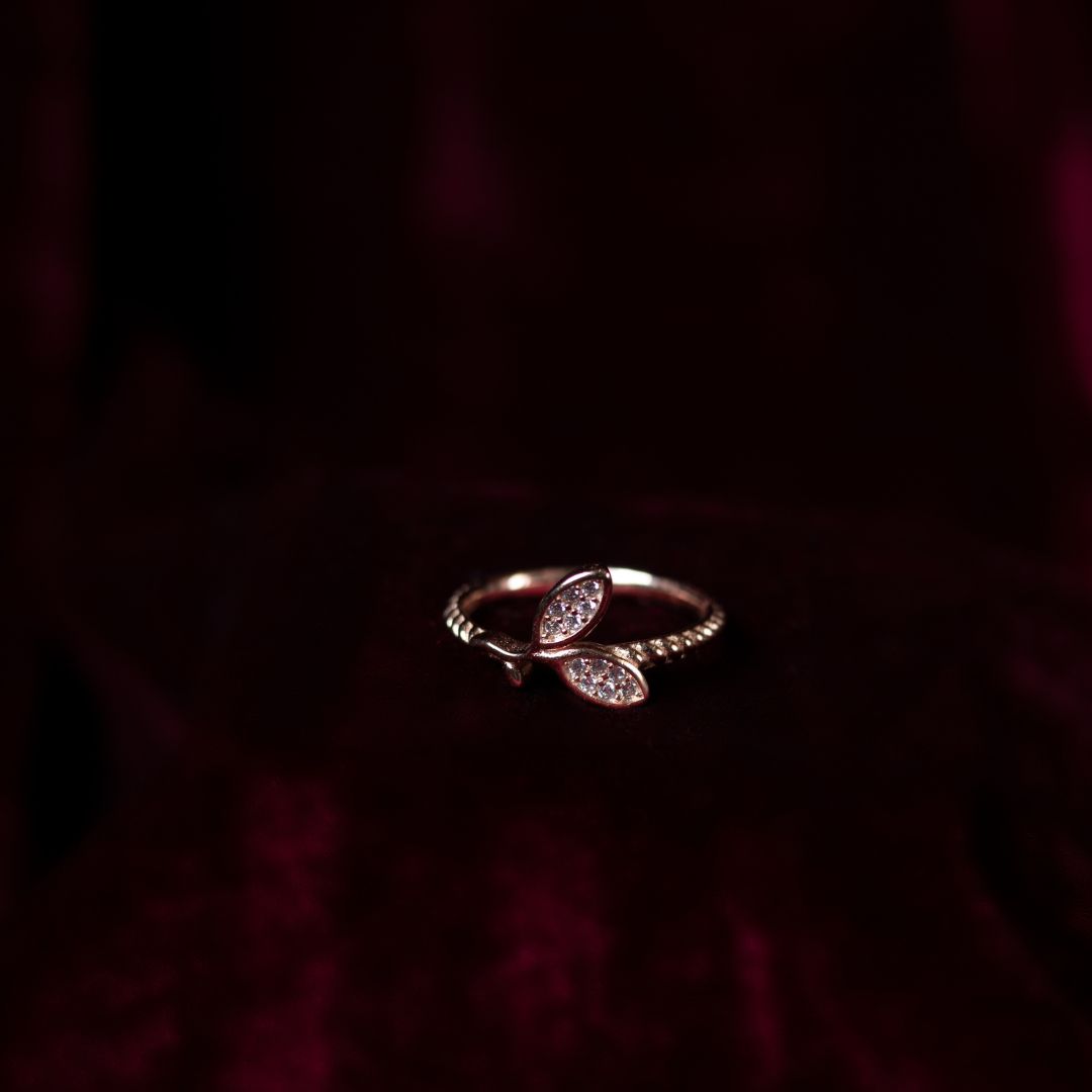 Spring Leaf Rose Gold Ring 92.5 Pure Silver with CZ Stones