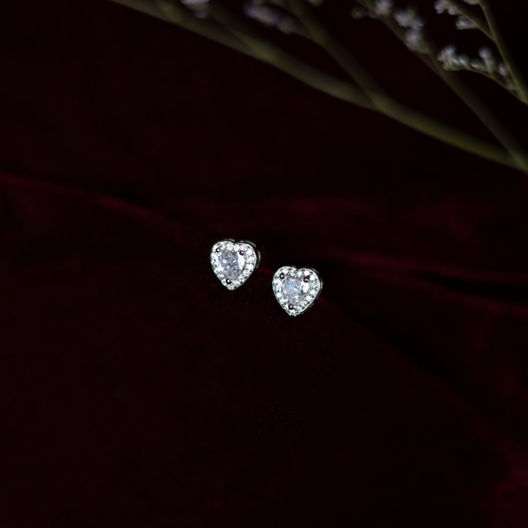 Romantic Heart Stud Earring 92.5 Sterling Silver with CZ Stones