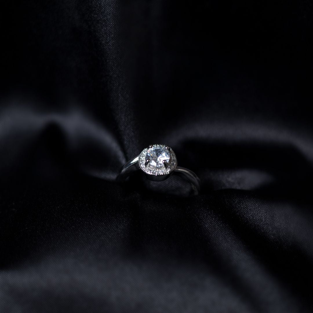 Round Halo Solitaire Ring 92.5 Sterling Silver with CZ Stones