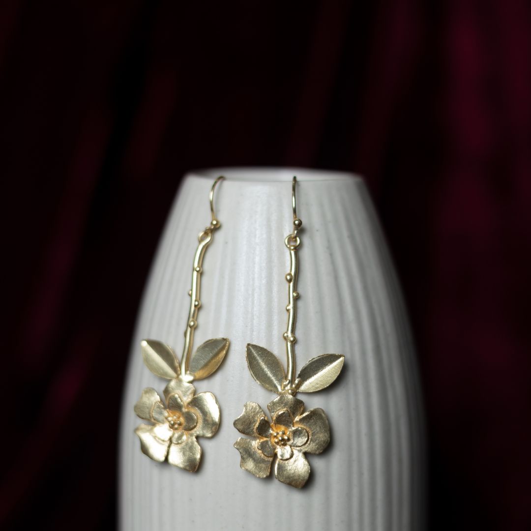 Hanging Flower Dangler Earrings Brass with 18K Gold Plating