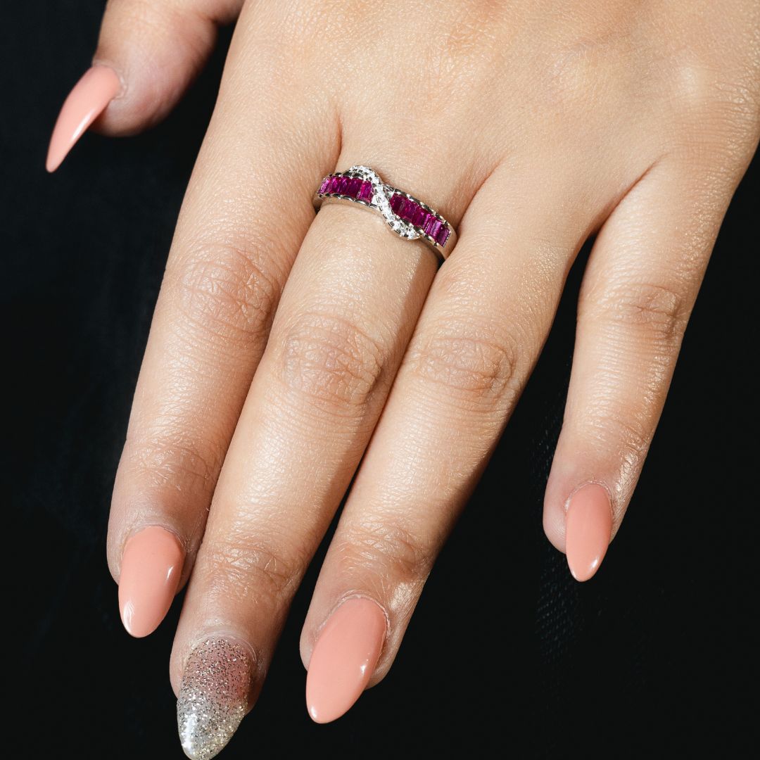 Red Stone Baguette Ring 92.5 Sterling Silver with CZ Stones