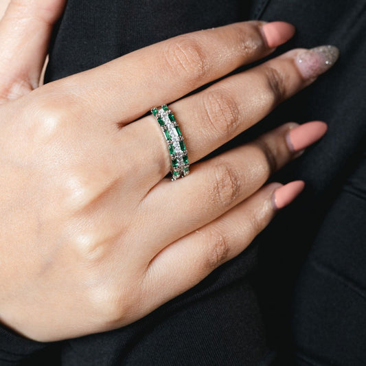 Green Stone Baguette Ring 92.5 Sterling Silver with CZ Stone