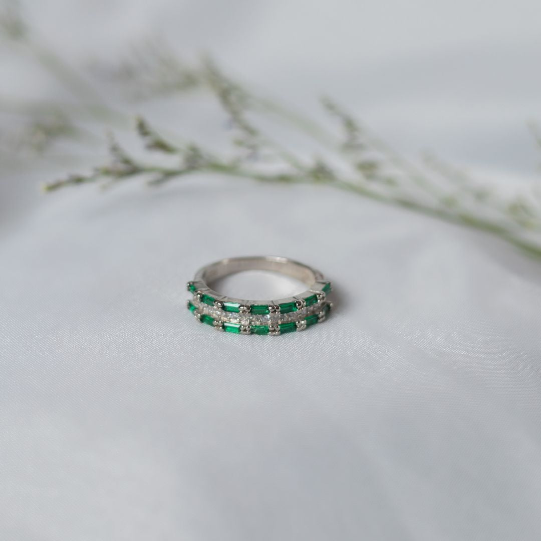 Green Stone Baguette Ring 92.5 Sterling Silver with CZ Stone