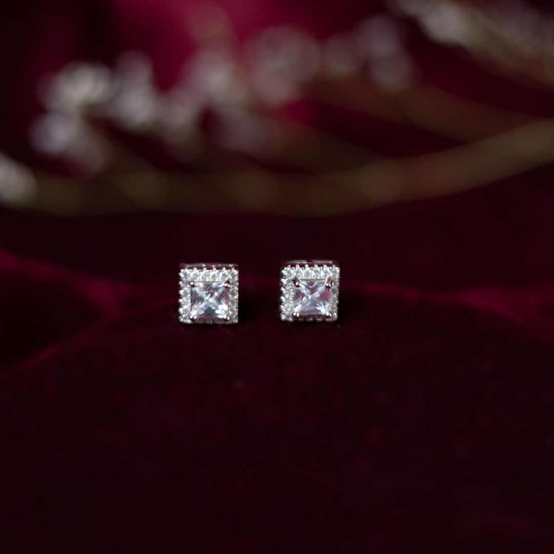 Princess Cut Solitaire Stud Earring 92.5 Sterling Silver with CZ Stones